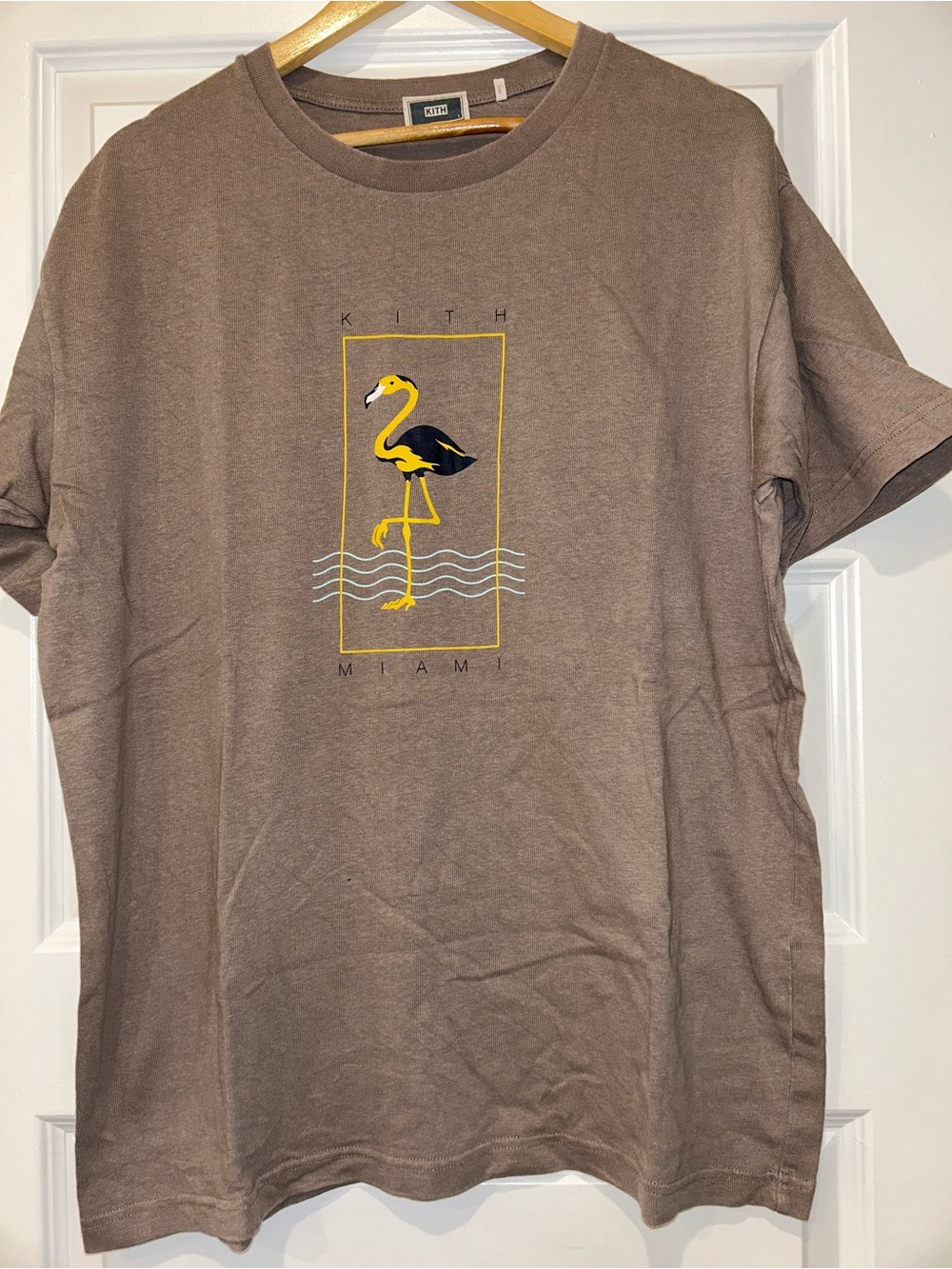 Kith Brown T-Shirt with Yellow & Black Flamingo Graphic